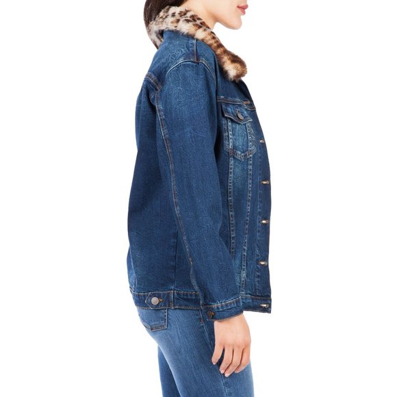 🆕KUT from the Kloth Jean Jacket Denim Blue Leopard Collar Small - Picture 4 of 11